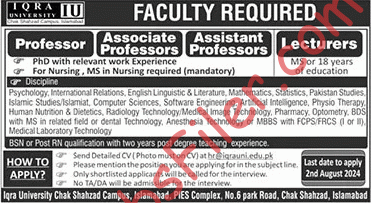 Iqra University Islamabad Jobs 2024 