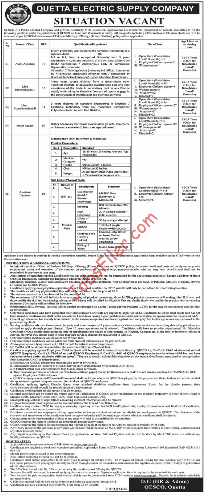 Quetta Electric Supply Company QESCO Jobs 2024 