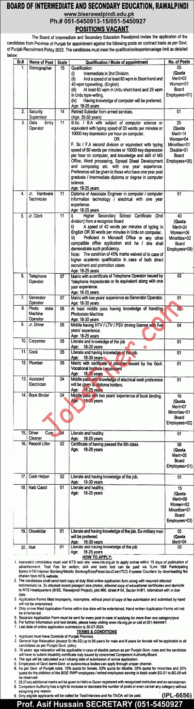 BISE Rawalpindi Jobs 2024 