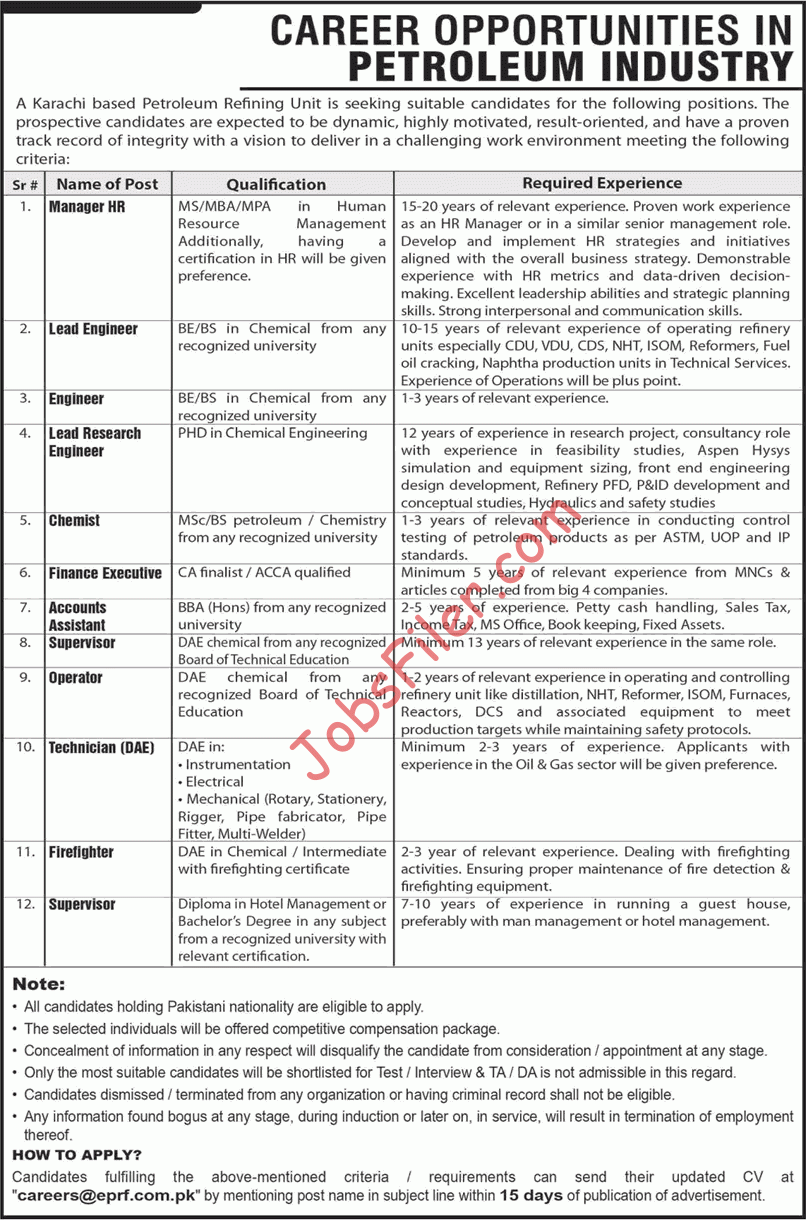 ENAR Petroleum Refining Facility Karachi Jobs 2024 