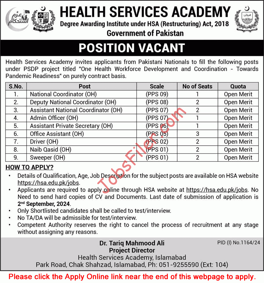 Health Services Academy Islamabad Jobs 2024