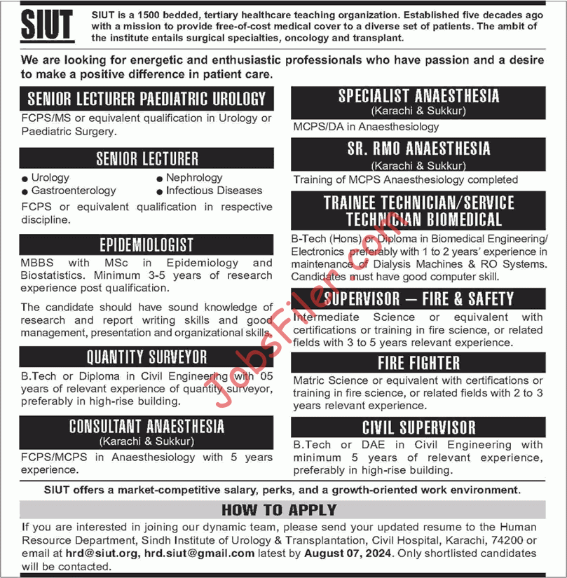 SIUT Hospital Karachi Jobs 2024