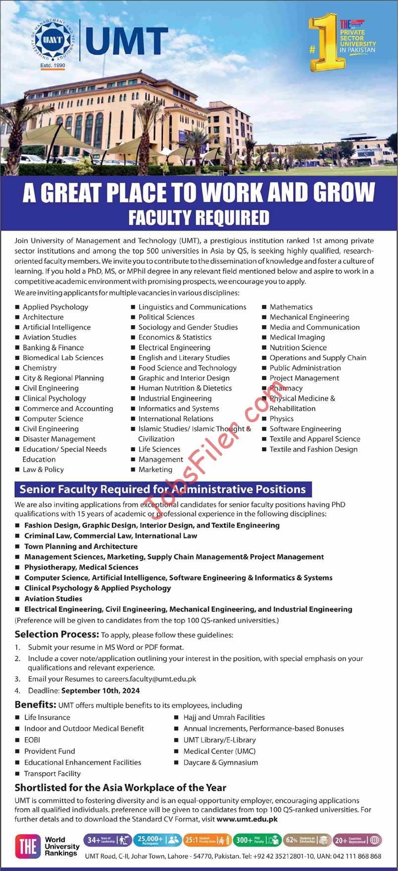 University of Management and Technology Lahore Jobs 2024 